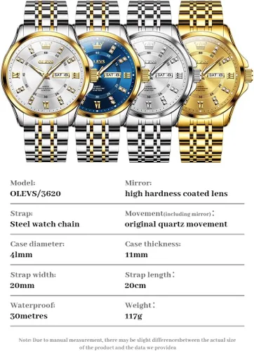 Miniatura 19 de OLEVS - Relojes de diamantes para hombres, relojes de vestir a prueba de agua, relojes analógicos de cuarzo de lujo con calendario de fecha y correa