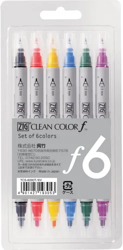 Kuretake Zig - Marcador de doble punta color limpio F, juego de 6 colores (TCS-6000T/6V)