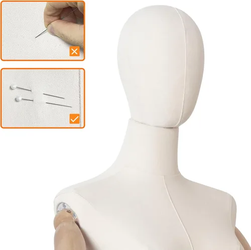 Miniatura 4 de Maniquí Cuerpo Vestido Femenino Forma Lino Tela Manikin Torso con Cabeza Desmontable Altura Ajustable Soporte de Metal, Dos Manos de Madera