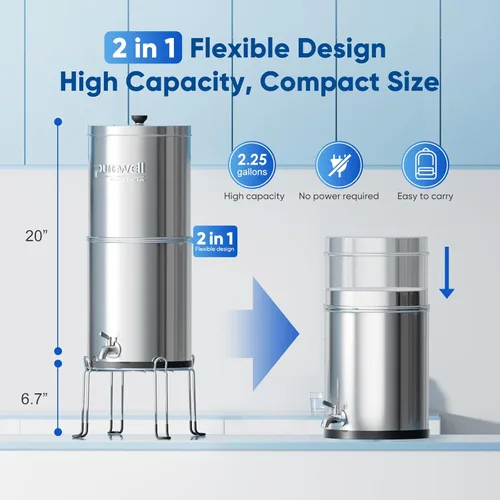 Miniatura 7 de Purewell Sistema de filtro de agua alimentado por gravedad de 3 etapas, sistema de encimera de acero inoxidable de 2.25 galones con 2 filtros