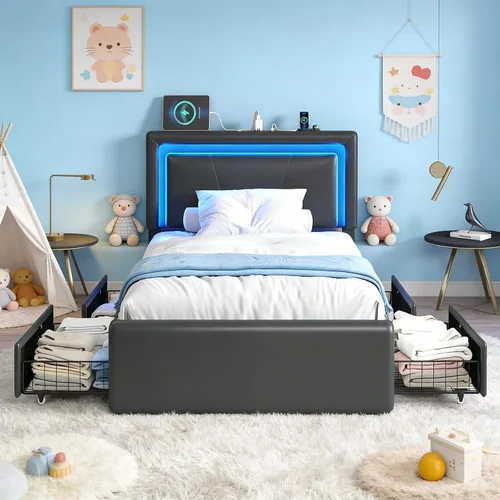 Miniatura 13 de LoVinson Base de cama tamaño completo con 4 cajones de almacenamiento, camas de plataforma de metal con cabecera ajustable, estación de carga Negro
