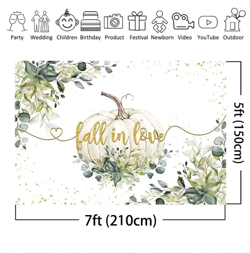 Miniatura 4 de Mocsicka Fondo de fondo de otoño enamorado, tema de boda, hojas de eucalipto verdes, lunares dorados, calabaza, fondo de vinilo, calabaza
