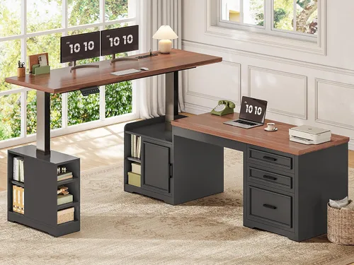 Miniatura 10 de SEDETA Escritorio eléctrico acanalado en forma de L, 63 x 67 pulgadas de altura ajustable para oficina en casa con cajones y estantes, escritorio