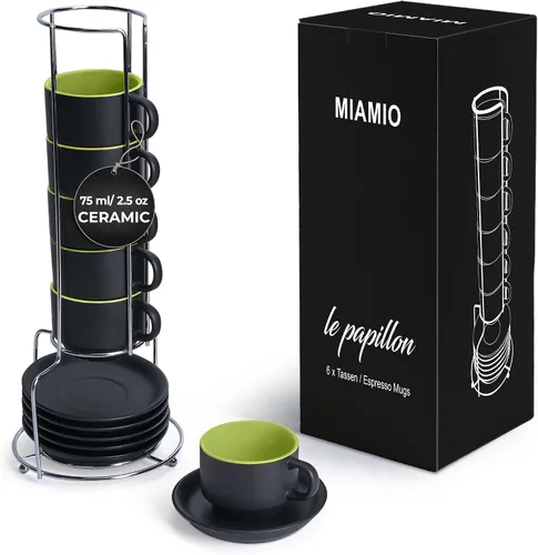 Miniatura 11 de MIAMIO - Juego de tazas de café expreso de 2.5 oz con platillos, juego de tazas de café de 6 piezas - Taza de café de cerámica apilable, taza