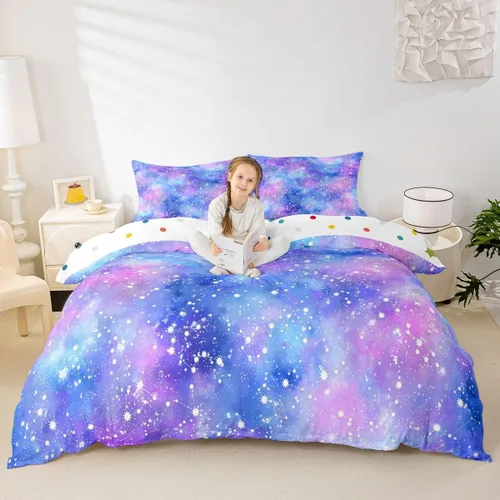 Miniatura 3 de Juego de funda de edredón con estrellas con purpurina y galaxia psicodélica, color azul marino y morado, tamaño individual, juego de ropa de cama
