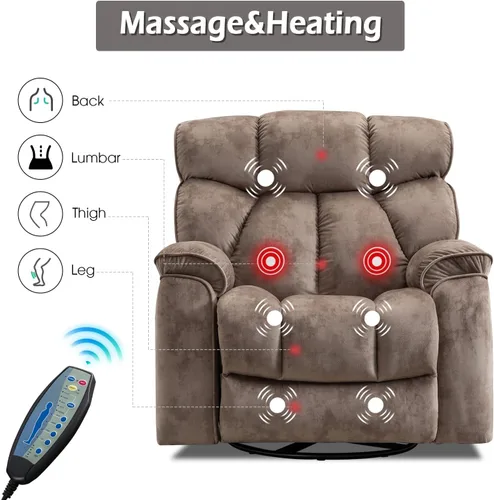 Miniatura 4 de INZOY Sillón Reclinable Balancín de Gran Tamaño con Calor y Vibración, Silla Reclinable Mecedora Giratoria Manual con Masaje Vibratorio, Sillón