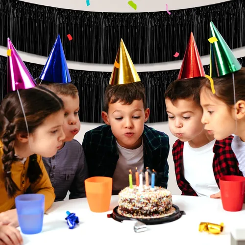 Miniatura 4 de Paquete de 4 guirnaldas de flecos de papel de aluminio negro de 10 pies con serpentinas metálicas de oropel para colgar en la pared, telón de fondo