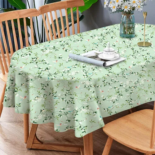 Mantel de primavera y verano, mantel ovalado oblongo, de tela impermeable, diseño floral de pájaro verde, 54 x 72 pulgadas, para cocina, comedor,