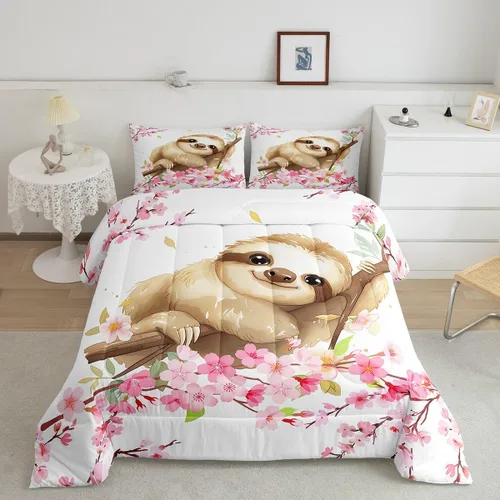 Miniatura 19 de Erosebridal Juego de edredón de perezoso tamaño individual, bonito edredón de plumón de perezoso en árbol para niños y niñas, juego de ropa de cama