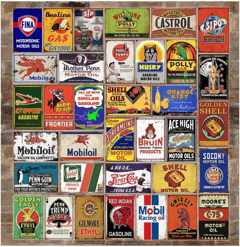 35 letreros de lata vintage reproducidos, anuncios retro de gas y aceite, letreros de metal antiguo para garaje, cueva de hombre, bar, cocina,