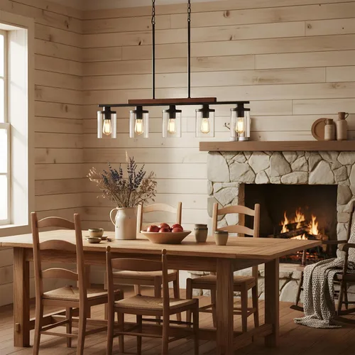 Miniatura 6 de Lámpara de Araña Lineal Moderna de Granja de 5 Luces para Isla de Cocina y Comedor – Luminaria Colgante Rústica Ajustable con Marco de Metal Negro