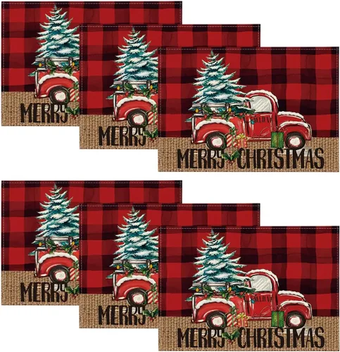 Miniatura 7 de Artoid Mode Manteles Individuales de Camión a Cuadros Buffalo Plaid Feliz Navidad Juego de 4, 12x18 Pulgadas Manteles de Mesa de Árbol de Navidad