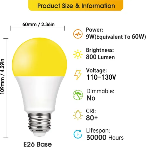 Miniatura 3 de Bombillas LED amarillas para exteriores, 9 W (equivalente a 60 W) ámbar 2000 K para exteriores, patio trasero, porche, dormitorio, no regulable,