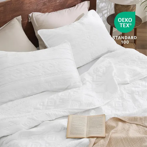 Miniatura 2 de Bedsure Boho Edredón Tamaño King - Colcha Ligera Tamaño King con Patrón Geométrico Cosido, Conjunto de Ropa de Cama Blanda de Estilo Granja Blanca