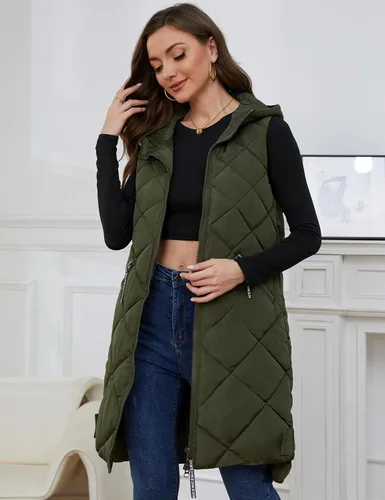 Miniatura 4 de Gihuo Chaleco largo con capucha para mujer, sin mangas, con burbujas, con cremallera, abrigo cálido con bolsillos