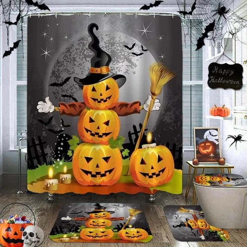 Miniatura 12 de NBVKO Cortina de ducha impermeable de calabaza de Halloween, con alfombras antideslizantes, cubierta para la tapa del inodoro y tapete de baño, set