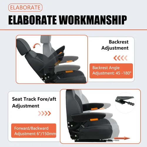 Miniatura 4 de Asiento Universal de Tractor, Asiento de Carretilla Elevadora con Cinturón de Seguridad y Respaldo Ajustable, Reposacabezas, Reposabrazos