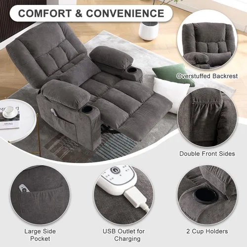 Miniatura 3 de Silla reclinable giratoria con funciones de masaje por vibración y calefacción para adultos, sofá individual reclinable de gran tamaño con bolsillo