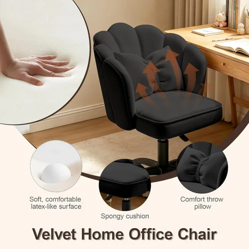Miniatura 6 de Silla de escritorio Petal con cojín de arco, silla de terciopelo con ruedas, silla tapizada para oficina en casa para niñas y mujeres, sillas Negro