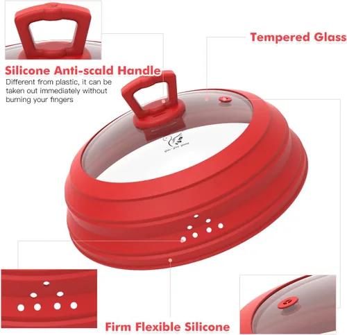 Miniatura 3 de Tapa protectora de salpicaduras de vidrio ventilado para microondas, tapa protectora de salpicaduras con silicona plegable para alimentos como Rojo