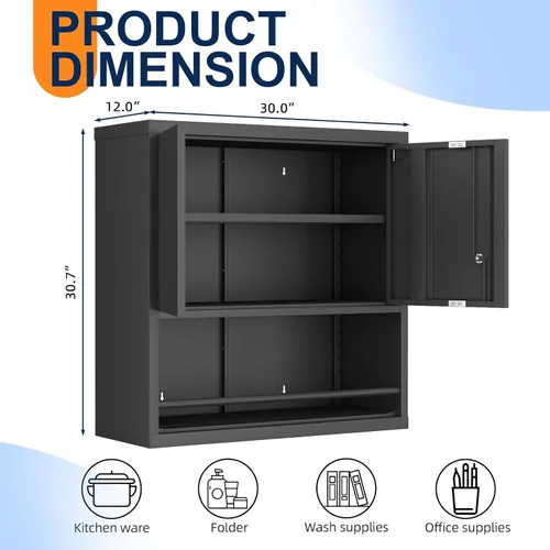 Miniatura 3 de IRONFFICE Gabinete de pared de garaje, gabinetes de pared con bloqueo de metal con estante ajustable, gabinete de almacenamiento con cerradura