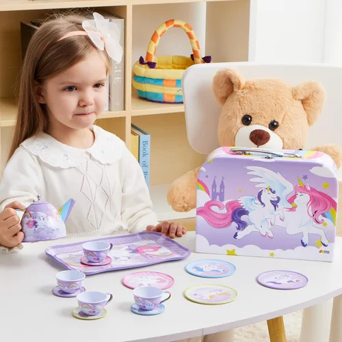 Miniatura 8 de JOYIN Juego de fiesta de té de unicornio para niñas pequeñas, juego de tetera de lata morada, juguete de cocina con tetera, taza, plato, funda