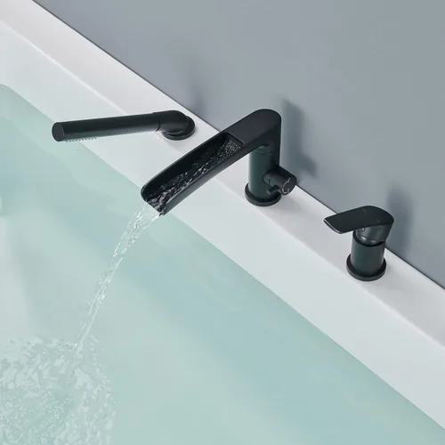 Miniatura 3 de Wowkk Grifo de Bañera Cascada de Bañera Romana Negro Montaje en Cubierta Grifos de Bañera de Latón Relleno de Bañera Grifos de Baño con Ducha de Mano