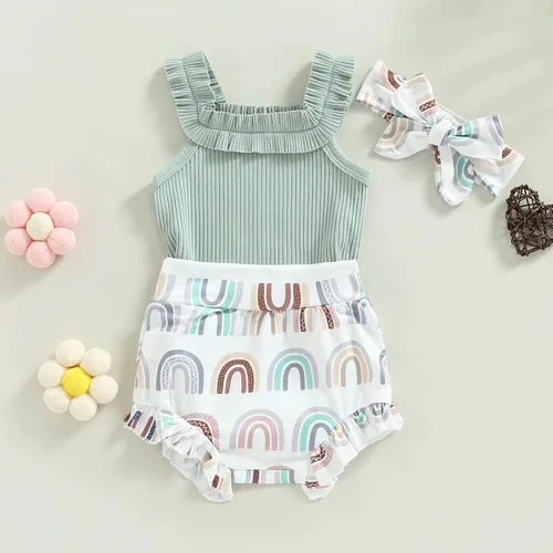 Miniatura 106 de TheFound Trajes de verano para niñas pequeñas, sin mangas, de punto acanalado, halter, pantalones cortos, ropa para recién nacidos, conjunto de 3