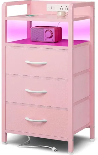 Miniatura 19 de Lazzanto Mesita de noche para dormitorio, mesita de noche con estación de carga y tira de luz LED, mesita de noche con estante de almacenamiento y 2