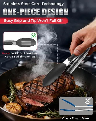 Miniatura 5 de Pinzas de cocina resistentes al calor de 600ºF, pinzas de cocina de bloqueo premium con puntas de silicona, pinzas antideslizantes para cocinar, 3