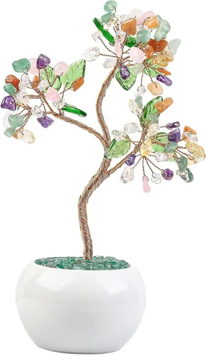 Miniatura 10 de Rockcloud Árbol de dinero de cristal curativo de aguamarina de 6.5 pulgadas, bonsái Fengshui con base de cerámica para buena suerte, riqueza