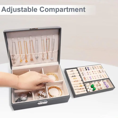 Miniatura 4 de MRMOSY Joyero organizador para mujeres y niñas caja de almacenamiento de 2 capas grande para hombres caja de joyería de piel sintética con bandeja