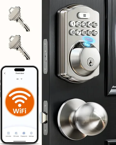 Veise VE012W-K - Cerradura inteligente de huellas dactilares WiFi integrada con 2 perillas, no necesita concentrador, control remoto por aplicación,