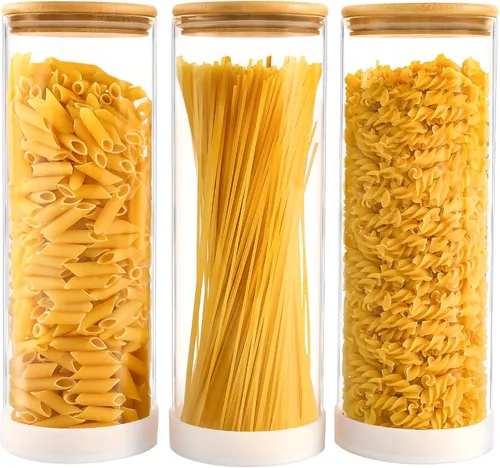 Miniatura 14 de TBWIND Contenedores de almacenamiento de vidrio con tapas de bambú, paquete de 7 tarros herméticos de vidrio transparente en tamaños mixtos
