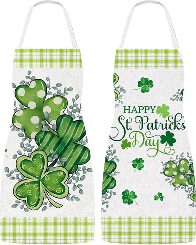 Whaline Delantales del día de San Patricio, delantales de cocina ajustables con trébol de acuarela, delantales de cocina de trébol verde para