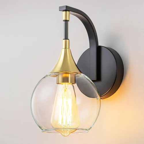 Miniatura 11 de Aplique de pared dorado, 1 luz de tocador de baño, lámpara de pared moderna con pantalla de vidrio transparente de 4.9 pulgadas, lámparas de pared