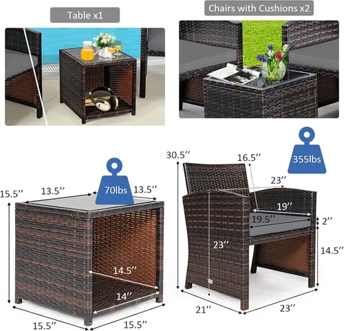 Miniatura 5 de Tangkula Juego de muebles de ratán de polietileno de 3 piezas, juego de conversación de patio con silla y mesa de café de almacenamiento, cojín Gris