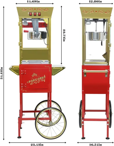 Miniatura 7 de Máquina de palomitas de maíz comercial vintage con carrito y luz calentadora - Palomitero de acero inoxidable de 12 onzas hace 60 tazas para cine