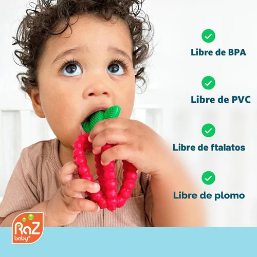 Miniatura 6 de RaZbaby Bites - Juguete de silicona para dentición para bebés, juguete sensorial con textura de moras para aliviar la dentición, forma de fruta Rosa