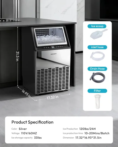 Miniatura 8 de EUHOMY Máquina comercial para hacer hielo, máquina de hielo de acero inoxidable de 120 libras/24 horas debajo del mostrador con contenedor