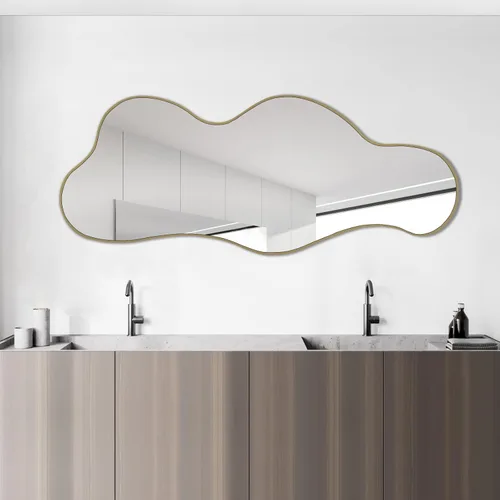 POZINO Espejo de pared irregular, espejos asimétricos de 39.3 x 16 pulgadas, espejo en forma de nube, espejos abstractos modernos dorados para baño,