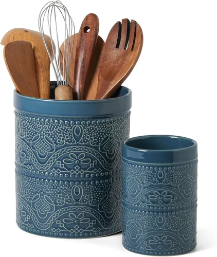 Miniatura 9 de FUN ELEMENTS Soporte para utensilios de cocina, 7.2" Recipiente para utensilios súper grande pesado y estable de cerámica con relieve de encaje