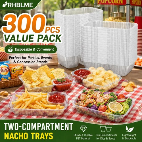 Miniatura 3 de RHBLME Paquete de 300 bandejas grandes de plástico para nachos de 8 x 6 pulgadas, 2 compartimentos desechables, recipientes de plástico para nachos