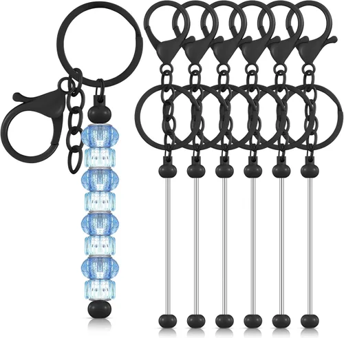 Huwena 6 piezas de llaveros con cuentas, barras en blanco, llavero de cuentas de metal para colgante, manualidades, joyería, regalo