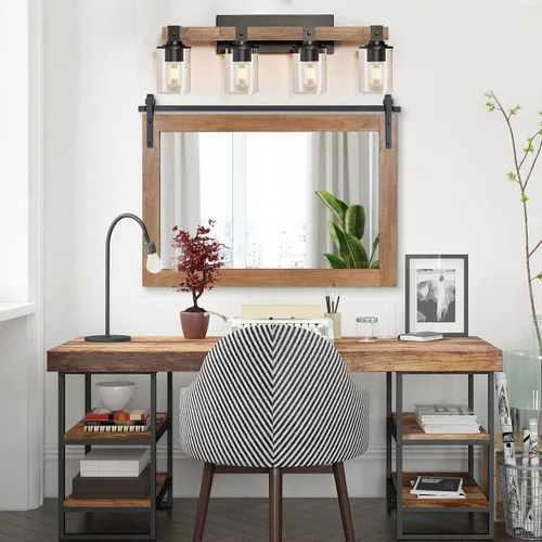 Miniatura 2 de DUJAHMLAND Lámpara de tocador de granja, aplique industrial de madera de 4 luces, iluminación de tocador de baño con pantalla de luces de vidrio