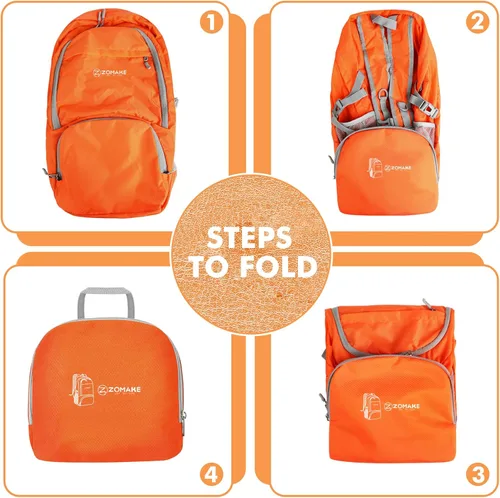 Miniatura 5 de ZOMAKE Mochila plegable ligera 30L, mochilas plegables para senderismo, mochila plegable compacta resistente al agua para viajes Naranja