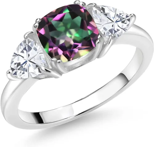 Miniatura 10 de 925 Sterling Silver Gemstone Birthstone and White Moissanite 3-Stone Engagement Ring for Women 7MM Cushion and 5MM Trillion Accents Three Stone
