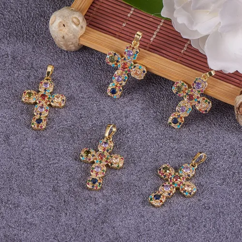 Miniatura 4 de 5 colgantes de cruz de circonita cúbica de latón, chapado en oro real de 16 quilates, para joyería, collares, pulseras, manualidades