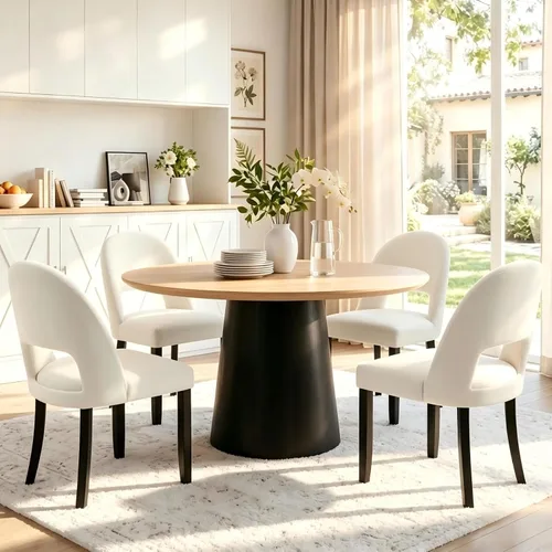 Miniatura 27 de Juego de 2 sillas de comedor de madera, modernas sillas de comedor tapizadas para cocina con tela de lino y respaldo abierto, patas de madera