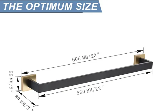 Miniatura 6 de TQKAG Toallero individual negro y dorado de 23.6 pulgadas, toallero de baño de acero inoxidable montado en la pared, colgador de toallas de baño.